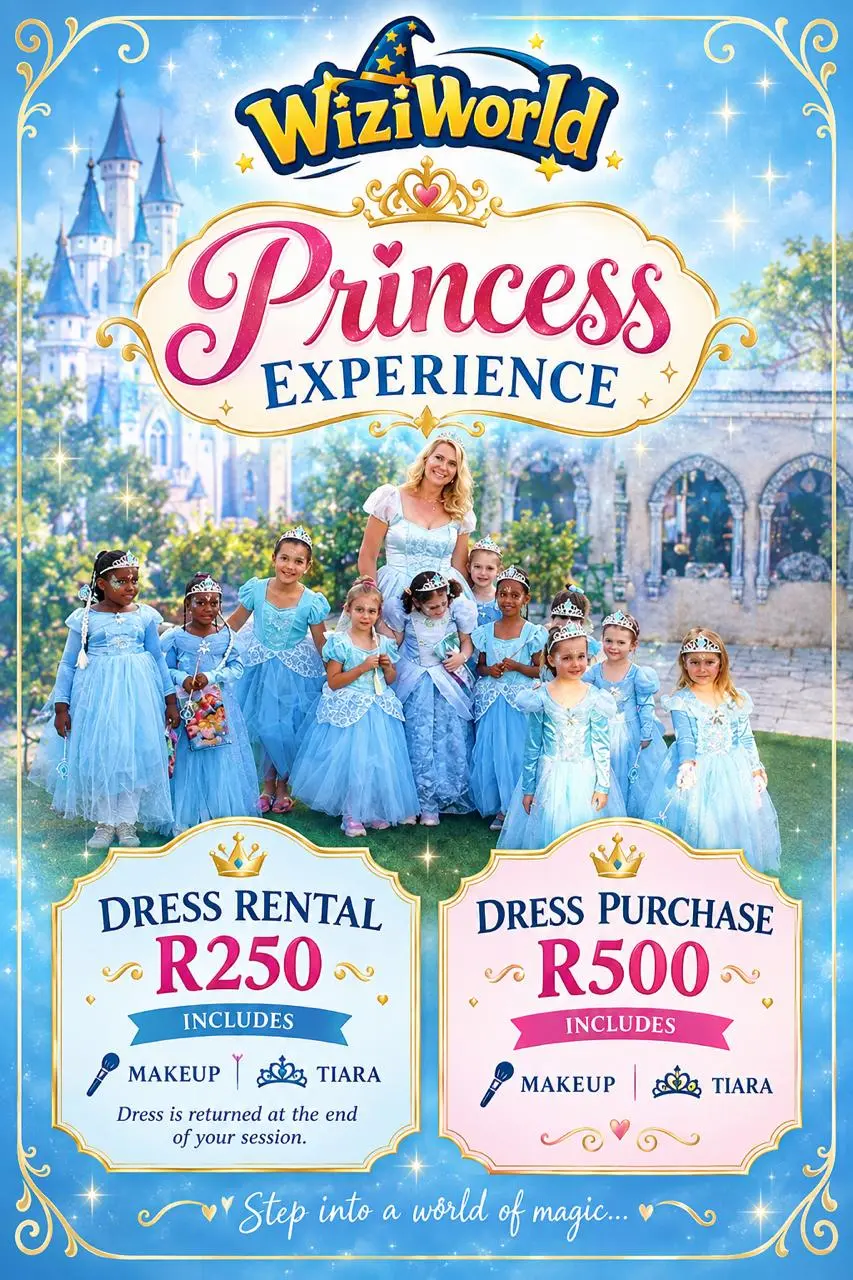Wiziworld Princess Experience poster, an optional add-on paid at the venue: children in blue princess gowns and tiaras in front of the castle. Dress rental R250 or dress purchase R500, both including makeup and a tiara.